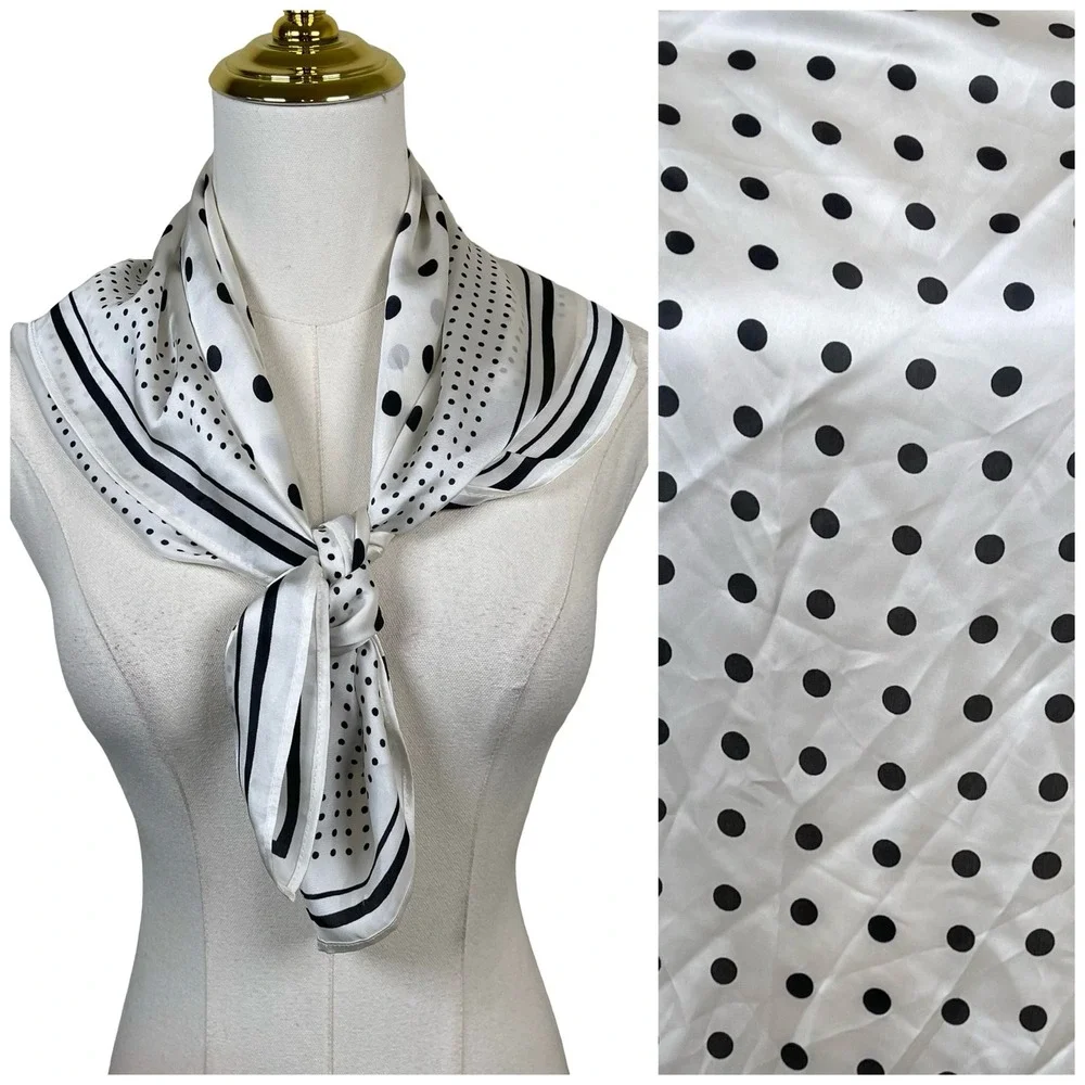 A‎ New Day Polka Dot Scarf Women White Black Striped Satin Recycled Polyester